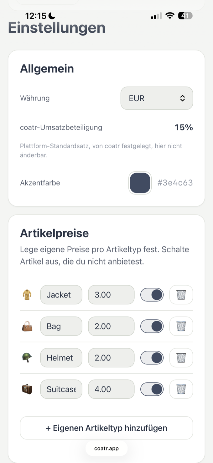 coatr Admin-Einstellungen mit Umsatzbeteiligung und Artikelpreisen