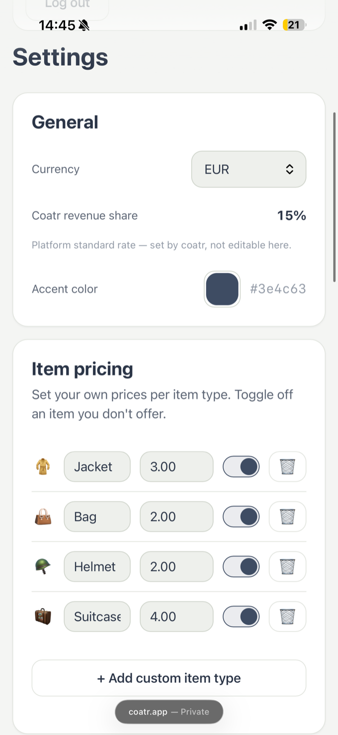 coatr admin settings with revenue share and per-item pricing