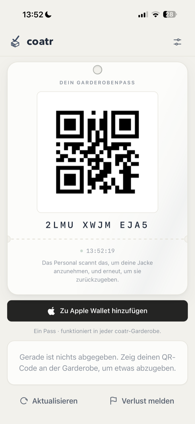 coatr Garderobenpass mit Hakennummer und Abhol-QR-Code
