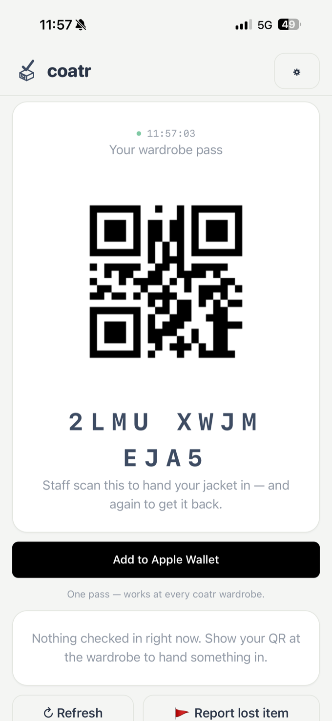 coatr guest wallet pass with hook number and pickup QR code