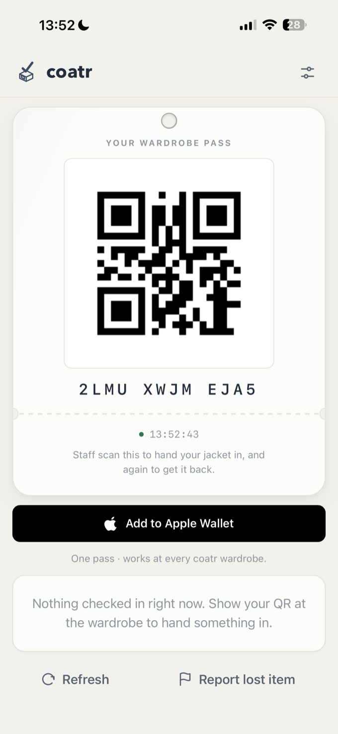 coatr guest wallet pass with hook number and pickup QR code